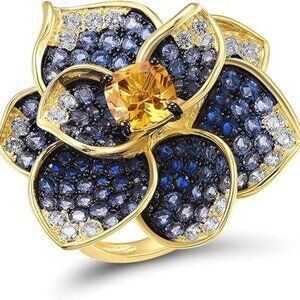 [A]Hibiscus-Blue Sterling Silver Gemstone Flower Ring for Women